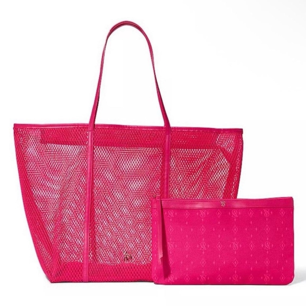 Victoria's Secret Bright Pink Mesh Tote with Matching Pouch